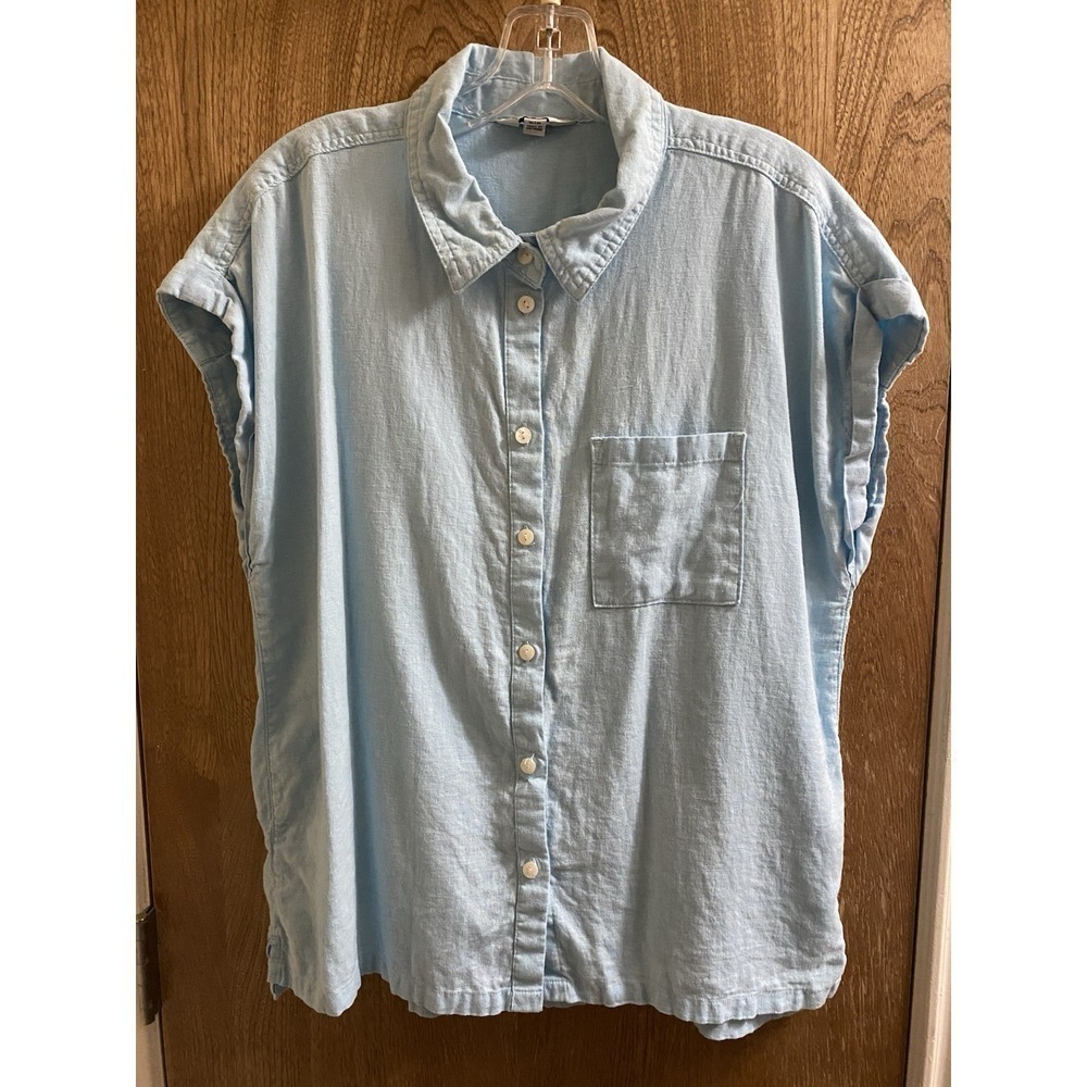 Orvis Women's Blue Button Up Collared Linen Blouse Size M Oversized Lightweight